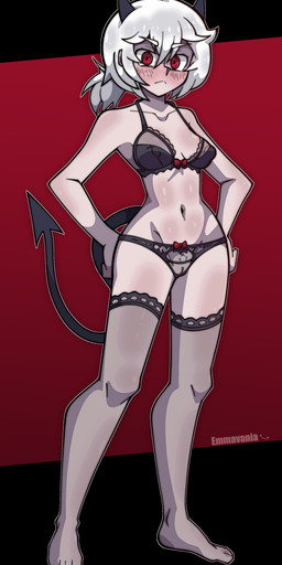 areola black_background black_bra black_clothing black_horn black_tail black_underwear blush blush_lines bra breasts clothing female front_view genitals grey_clothing grey_legwear grey_stockings hair hand_on_hip horn legwear looking_at_viewer navel nipple_outline panties pink_areola ponytail pubes red_background red_eyes simple_background small_breasts solo spade_tail stockings tail tan_body tan_skin thick_thighs translucent translucent_clothing translucent_panties translucent_underwear underwear vulva white_hair white_pubes wide_hips emmavania helltaker demon demon_humanoid horned_humanoid humanoid tailed_humanoid absurd_res hi_res
