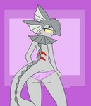 anthro butt clothing female grey_body looking_at_viewer looking_back panties red_stripes solo stripes text text_on_clothing underwear alxdraws nintendo pokemon lunastrum eeveelution generation_1_pokemon pokemon_(species) vaporeon absurd_res hi_res