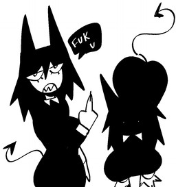 anthro big_breasts big_butt black_clothing black_dress black_ears black_hair breasts butt clothed clothed_anthro clothed_female clothing dress eyelashes female female_anthro front_view gesture hair hand_gesture middle_finger open_mouth profanity simple_background solo spade_tail tail teeth white_background white_body xarop77 sabbath_(xarop77) demon domestic_cat felid feline felis mammal 2025 digital_drawing_(artwork) digital_media_(artwork) monochrome