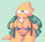 anthro bikini blush bodily_fluids bread camel_toe clothing dressing female food nipple_outline slightly_chubby solo sweat swimwear two-piece_swimsuit alpi deltarune undertale_(series) alphys dinosaur lizard prehistoric_species reptile scalie hi_res