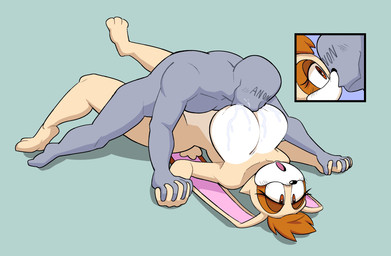 ahegao ambiguous_penetration anthro big_breasts black_nose blue_background bodily_fluids breasts brown_body brown_eyes brown_eyeshadow brown_fur dipstick_ears duo ear_markings eyelashes female floppy_ears fur hand_holding head_tuft huge_breasts kissing long_ears looking_pleasured lop_ears lying male male/female male_on_top multicolored_ears nipple_fetish nipple_play nipple_suck on_back on_top open_mouth penetration saliva simple_background sucking tan_body tan_fur thick_thighs tuft white_body white_fur wide_hips miobadders sega sonic_the_hedgehog_(series) anon vanilla_the_rabbit human lagomorph leporid mammal rabbit hi_res
