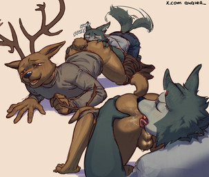 anal anthro antlers anus backsack balls bottomwear brown_body brown_fur butt clothed clothed_male clothed_sex clothing denim denim_bottomwear denim_clothing duo fur furgonomic_pants genital_raphe genitals grey_body grey_fur horn jeans looking_pleasured male male/male oral pants perineal_raphe perineum predator/prey raphe_(anatomy) rimming rimming_male scrotal_raphe sex tail tail_motion tailwag text quqier beastars legoshi_(beastars) louis_(beastars) canid canine canis deer mammal wolf absurd_res hi_res url