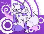 2_tails 4_fingers abstract_background anthro blush canid canine canis chest_tuft digital_drawing_(artwork) digital_media_(artwork) domestic_dog epaikra epaikra_(character) femboy fingers full-length_portrait fur hair heart_(marking) heart_symbol hi_res japanese_text kneeling leg_markings looking_at_viewer male male_anthro mammal markings multi_tail multicolored_body multicolored_fur navel nude nude_anthro nude_male pawpads paws portrait purple_body purple_eyes purple_fur purple_theme restricted_palette socks_(marking) solo tail text tongue tongue_out tuft two_tone_body two_tone_fur white_body white_fur