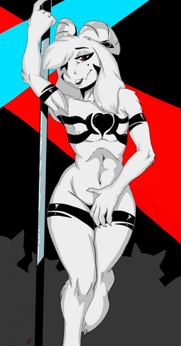 anthro birthmark black_body black_fur claws covering covering_crotch covering_self eyelashes femboy front_view fur hair hair_over_eye half-closed_eyes horn long_ears looking_at_viewer male markings narrowed_eyes navel nipples one_eye_obstructed pole red_eyes silhouette smile solo stripper_pole white_body white_fur wide_hips karakylia undertale undertale_(series) asriel_dreemurr_(god_form) boss_monster_(undertale) bovid caprine mammal 2017 digital_media_(artwork) hi_res signature