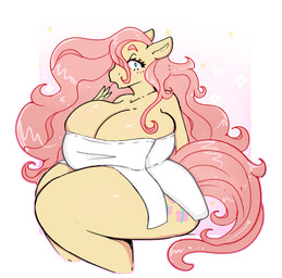 anthro big_breasts blush blush_lines breasts cutie_mark female hair huge_breasts huge_thighs hyper hyper_breasts hyper_thighs long_hair open_mouth overweight pink_hair pink_tail sitting solo surprised tail thick_thighs towel wet yellow_body lilfatpepper friendship_is_magic hasbro mlp_g5 my_little_pony fluttershy_(mlp) equid equine horse mammal pony hi_res