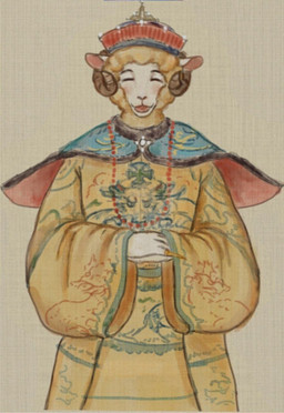 ancient anthro china clothing ears_up eyebrows front_view fur hands_together hat headgear headwear horn jewelry male necklace open_mouth robe solo wearing_hat white_body white_fur white_wool wool_(fur) reynard_goodfellow reynard_the_baa bovid caprine mammal sheep hi_res