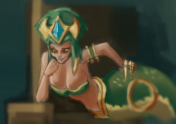 apode big_breasts breasts brown_sclera cleavage clothed clothing female green_body green_clothing green_scales green_topwear hand_on_hip legless looking_at_viewer pupils scales serpentine slit_pupils smile solo split_form tan_body tan_skin topwear yellow_eyes dddoodles league_of_legends riot_games tencent cassiopeia_(lol) draconcopode humanoid lamia reptile scalie snake