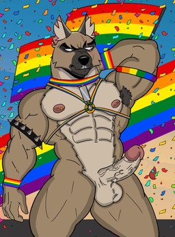 abs anthro armpit_hair balls body_hair bracelet brown_body brown_fur collar erection fur fur_markings genitals humanoid_genitalia humanoid_penis jewelry lgbt_pride male markings multicolored_body multicolored_fur muscular nipple_piercing nipples penis piercing pride_colors rainbow_flag rainbow_pride_flag rainbow_symbol scar solo spiked_bracelet spikes vein veiny_penis ivan_the_artist lgbt_pride_month brutus_(pixie_and_brutus) canid canine canis domestic_dog german_shepherd herding_dog mammal pastoral_dog 2025 hi_res