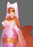 anthro big_breasts breasts brown_eyes clothing dipstick_tail dress female fluffy fluffy_tail genitals headdress iridescent iridescent_dress iridescent_headdress markings pose pussy small_waist solo sparkles sparkling_clothing sparkling_dress sparkling_headdress tail tail_markings translucent translucent_clothing wide_hips pathesis disney robin_hood_(disney) maid_marian canid canine fox mammal red_fox true_fox absurd_res hi_res pinup