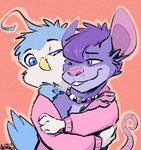 blue_body blue_feathers cuddling feathers fur hug purple_body purple_fur animancer liam_(zacnate) snoozel zacnate avian bird mammal murid murine owl rat rodent hi_res