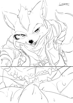 anthro bodily_fluids clothed clothing duo extreme_size_difference eyewear fangs first_person_view fur jacket kerchief looking_at_viewer macro male male/male micro micro_pov mouth_shot neckerchief neckwear open_mouth oral_vore reverse_mouth_shot saliva sharp_teeth simple_background size_difference smile solo tail teeth tongue tongue_out topwear uvula vore white_background lowselfie nintendo star_fox fox_mccloud canid canine canis fox mammal wolf absurd_res black_and_white comic hi_res monochrome signature sketch