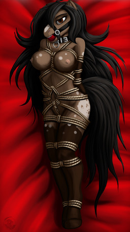 anthro ball_gag bdsm bondage bound brown_body brown_fur female fully_bound fur gag patterned_fur restraints rope rope_bondage rope_harness solo quakehoof cocoa_flake_(flanders1the_inu) equid equine horse mammal 9:16 hi_res