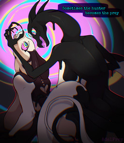anthro big_breasts black_body breasts colorful_background duo female huge_breasts hypnosis hypnotic_eyes mind_control multi_eye nipples nude open_mouth sagging_breasts submissive submissive_anthro submissive_female text adelfrey mimic_(adelfrey) zuri_(rfta) goo_creature mimic reptile scalie snake hi_res