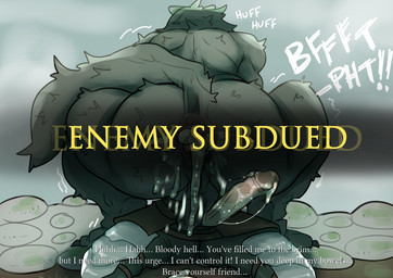 anthro anus armor bodily_fluids bubble butt crouching crouching_over_partner cum cum_bubble cum_covered_penis cum_fart dialogue duo gape_fart gaping gaping_anus genital_fluids genitals lying male male/male on_back onomatopoeia outside_sex penis sex size_difference sound_effects text drstrangeluvve elden_ring fromsoftware blaidd_(elden_ring) canid canine canis human mammal wolf english_text hi_res reaction_image