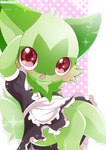 ambiguous_gender anthro blush clothed clothing cute_fangs fangs fur green_body green_fur maid_uniform neck_tuft open_mouth red_eyes solo teeth tuft uniform clovergame0 nintendo pokemon generation_9_pokemon pokemon_(species) sprigatito absurd_res hi_res signature