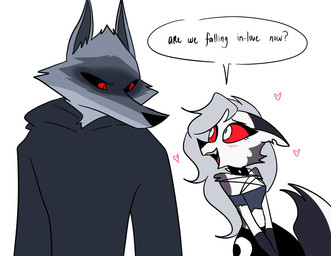 anthro black_sclera blush collar dialogue duo ears_back ears_down female grey_hair hair heart_symbol larger_male long_hair male pivoted_ears pupils red_eyes red_sclera size_difference slit_pupils smaller_female speech_bubble spiked_collar spikes text white_eyes emositecc dreamworks hellaverse helluva_boss mythology puss_in_boots_(franchise) death_(puss_in_boots) loona_(helluva_boss) canid canid_demon canine canis demon hellhound mammal mythological_canine mythological_creature wolf english_text hi_res
