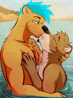 anthro athletic athletic_male biceps black_nose blue_eyes blue_hair brown_body brown_fur cheek_tuft claws deltoids droplets duo eyes_closed facial_tuft fur hair hand_behind_head hand_on_chest head_tuft inner_ear_fluff intraspecies kissing lake larger_male logo male male/male male_anthro membrane_(anatomy) muscular muscular_male nose_to_nose nude nude_male partially_submerged pecs sand shirtless_male side_view size_difference sky smaller_male standing tan_body tan_fur teeth tongue tuft water webbed_hands whisker_spots whiskers ventkazemaru echo_(game) echo_(series) echo_project chase_hunter dougie_the_otter mammal mustelid otter 2025 artist_logo dated hi_res signature