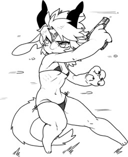 4_fingers action_pose anthro bikini bikini_bottom bikini_top breasts bullet chibi clothed clothing female fingers fur gun hair handgun holding_gun holding_object holding_ranged_weapon holding_weapon horn micro_bikini navel pose ranged_weapon short_hair side-tie_bikini side-tie_clothing side-tie_swimwear small_breasts solo string_bikini swimwear tail triangle_bikini two-piece_swimsuit under_boob weapon pgm300 mythology chabett dragon furred_dragon furred_scalie mythological_creature mythological_scalie reptile scalie wingless_dragon 2022 digital_media_(artwork) hi_res monochrome sketch