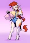 anthro big_breasts breasts clothed clothing female flashing huge_breasts looking_at_viewer nipples open_mouth overalls smile solo standing thick_thighs bigdad mellany_mellons bovid bovine cattle holstein_friesian_cattle mammal