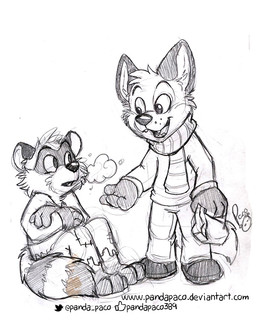 anthro barefoot clothed clothing duo feet footwear holding_object logo male markings open_mouth open_smile scarf shoes simple_background sitting smile standing striped_markings striped_tail stripes tail tail_markings text young young_anthro young_male pandapaco art_(pandapaco) biro_(pandapaco) canid canine fox mammal procyonid raccoon 2017 artist_logo signature spot_color url