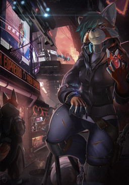 aircraft alley anthro billboard bottomwear building cafe clothing cloud coat female female_focus future hood_(clothing) lights pants sign sky topwear torn_clothing trenchcoat vehicle dansyron canid canine fox mammal 2021 absurd_res hi_res