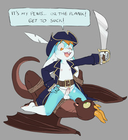 5_fingers anthro balls blue_body blue_fur bound clothing countershade_face countershade_fur countershade_tail countershade_torso countershading dialogue duo erection fingers foreskin fur genitals hat headgear headwear holding_melee_weapon holding_object holding_sword holding_weapon horn humanoid_genitalia humanoid_penis interspecies male male/male melee_weapon membrane_(anatomy) membranous_wings open_mouth open_smile penis rope shota smile sword tail text tongue weapon wings young young_anthro young_male nononge mythology kai_(kaibun) proletariat_(character) dragon lagomorph leporid mammal mythological_creature mythological_scalie rabbit scalie absurd_res english_text hi_res