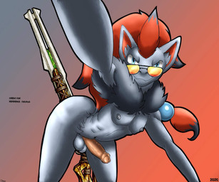 anthro bent_over eyewear genitals gun hair long_hair looking_at_viewer male neck_tuft nipples ottersam100 penis ranged_weapon reaching_towards_viewer red_hair rifle sniper_rifle solo sunglasses sunglasses_on_face tuft weapon wearing_sunglasses nintendo pokemon riot_games tencent valorant maiuu generation_5_pokemon pokemon_(species) zoroark hi_res