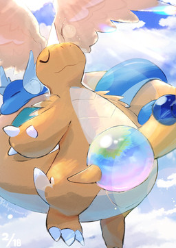 ambiguous_gender anthro claws cloud coiling coiling_around_tail detailed_background duo eyes_closed feathered_wings feathers flying gem head_wings horn light light_beam long_tail low-angle_view orange_body pearl_(gem) scales sky skyscape sunbeam sunlight tail tapering_tail unusual_wing_placement ventral_scales wings wrapped_around polynimuri nintendo pokemon pokemon_legends_z-a dragonair generation_1_pokemon generation_9_pokemon mega_dragonite mega_evolution pokemon_(species) digital_drawing_(artwork) digital_media_(artwork) hi_res japanese_description shaded