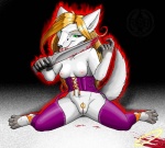 anthro areola beckoning blonde_hair blood bodily_fluids bottomless breasts clothed clothing corset female fur genitals gesture green_eyes hair knife licking licking_knife lingerie nipples pussy skimpy solo tail tongue tongue_out topless topwear white_body white_fur amiral_aesir