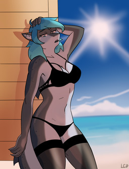 anthro beach bikini bikini_bottom black_bikini black_clothing black_swimwear blue_hair breasts clothed clothing ear_piercing female hair hand_in_hair leaning leaning_backward legwear looking_down non-mammal_breasts outside piercing pose sea seaside simple_background skimpy solo standing stockings sun swimwear tail touching_hair two-piece_swimsuit water loudcolorpeach erika_(ambris) aquatic fish shark 2019 digital_media_(artwork) pinup
