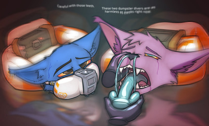 ambiguous_gender anthro armbinder binder_(restraint) blue_body blue_fur bodily_fluids bondage_gear duo eyebrows fangs fur gag latex male nasal_tube pink_body pink_fur restraints sharp_teeth substance_intoxication tears teeth krd star_wars squib_(species) hi_res nonbinary_(lore)
