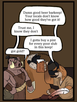alcohol anthro bartender beer beverage clothing dialogue group hat headgear headwear male tavern text dungeonhound canid canine domestic_cat felid feline felis fox mammal suid suine sus_(pig) wild_boar 3:4 absurd_res comic english_text hi_res