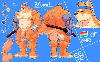 abs accessory anthro areola arm_wraps balls barazoku big_muscles biped blue_background blue_headband butt eyes_closed feet fingers flaccid front_view fur gender_symbol genitals glans half-erect hand_on_hip happy headband holding_katana holding_melee_weapon holding_object holding_sword holding_weapon huge_muscles humanoid_feet humanoid_genitalia humanoid_hands humanoid_penis katana lgbt_pride logo male male_symbol mechanical_arm melee_weapon multiple_angles muscular muscular_anthro muscular_arms muscular_legs muscular_male navel nipples orange_body orange_fur pansexual_pride_colors pecs penis plantigrade pride_colors pubes rear_view scar simple_background smile solo standing sword symbol tail tan_body tan_fur text toes tongue tongue_out vein veiny_penis weapon wraps egg_concept panpai_(egg_concept) canid canine canis domestic_dog mammal shiba_inu spitz 2024 artist_logo bust_portrait character_name colored full-length_portrait hi_res japanese_text model_sheet portrait