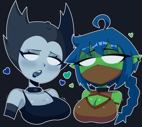 black_background black_clothing black_eyebrows black_headwear black_topwear blue_hair blue_mouth breasts brown_clothing brown_topwear clothing collar duo ear_piercing eyebrows eyelashes female freckled_face freckles green_body green_ears green_skin grey_body grey_skin grey_tongue hair headgear headwear heart_symbol humanoid_pointy_ears looking_at_viewer mask motion_lines no_pupils not_furry open_mouth outline piercing pointy_ears ponytail simple_background spiked_collar spikes tongue topwear white_eyes white_outline rbismut activision skylanders hex_(skylanders) stealth_elf_(skylanders) elf humanoid 2024 absurd_res bust_portrait cel_shading colored digital_media_(artwork) hi_res portrait shaded