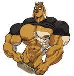 abs anthro biceps big_muscles bottomwear bottomwear_down brown_body brown_fur clothed clothing fur genitals hair horn huge_muscles looking_at_viewer male markings multicolored_body multicolored_fur muscular muscular_anthro muscular_male nipples pants pants_down partially_clothed pecs penis pulling_pants_down raised_clothing raised_shirt raised_topwear shirt solo spots spotted_body spotted_fur striptease topwear two_tone_body two_tone_fur youtuber remert digby_the_goat_(youtuber) bovid caprine goat mammal hi_res