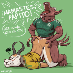 anal anal_penetration beard bodily_fluids bottomless bottomless_male claws clothed clothing cum cum_in_ass cum_inside dialogue eyes_closed facial_hair genital_fluids green_background hairless horn jersey male male/male mexico open_mouth penetration penile penile_penetration penis_in_ass sex shirt simple_background south_africa tail tail_motion tailwag teeth topwear nanoff antelope bovid canid canine canis domestic_dog hairless_dog mammal primitive_dog springbok true_antelope xoloitzcuintli 1:1 2026 dated digital_drawing_(artwork) digital_media_(artwork) hi_res