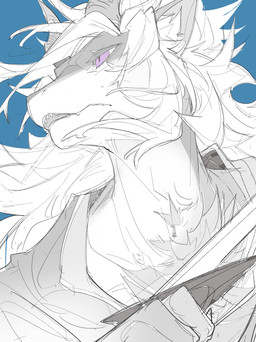 2_horns anthro blue_background chest_tuft clothed clothed_anthro clothed_male clothing countershade_face countershade_hands countershade_torso countershading dark_body fur hair head_horn holding_melee_weapon holding_object holding_sword holding_weapon horn light_body long_hair looking_aside male melee_weapon open_mouth overbite pupils purple_eyes simple_background slit_pupils solo sword teetch topwear tuft weapon white_sclera chiayeeee mythology furryilon_(character) dragon furred_dragon furred_scalie mythological_creature mythological_scalie scalie 2023 absurd_res bust_portrait digital_drawing_(artwork) digital_media_(artwork) hi_res portrait