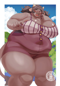 anthro areola areola_slip belly big_breasts black_hair breasts cloud day eyewear female freckled_breasts freckled_shoulders freckles fur glasses glistening glistening_breasts grey_body grey_fur grey_horn hair horn huge_breasts logo long_hair looking_at_viewer obese obese_anthro obese_female open_mouth overweight overweight_anthro overweight_female plant sky smile standing tail thick_thighs tree twintails_(hairstyle) wide_hips sasanoha6011 bovid bovine cattle mammal absurd_res artist_logo hi_res