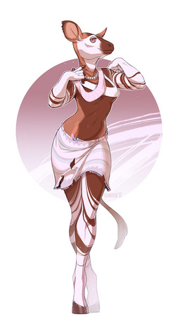 5_fingers anthro biped breasts brown_body brown_eyes brown_fur female fingers fur hooves midriff navel sash simple_background smile solo standing kyander giraffid mammal okapi hi_res
