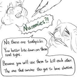 abuse ambiguous_gender ambiguous_human animal_abuse bodily_fluids crying dialogue feral group looking_at_object looking_up_at_another mostly_offscreen_character mouth_hold object_in_mouth open_mouth tears teeth text toothpick torture trio young young_ambiguous young_feral yellowcottoncandy030 fluffy_pony fluffy_pony_(species) human mammal 1:1 2025 comic digital_media_(artwork) english_text hi_res spot_color sibling_(lore)