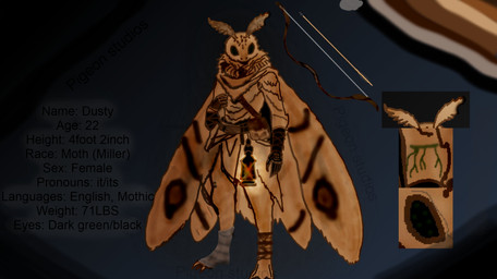 anteanne anthro back_wings bag belt birthmark female folded_wings gear glowing glowing_eyes lamp lantern leather markings moffic neck_tuft pouch_(clothing) satchel solo spread_wings standing tuft wide_eyed wing_markings wings space_station_13 space_station_14 moff arthropod insect lepidopteran moth absurd_res hi_res