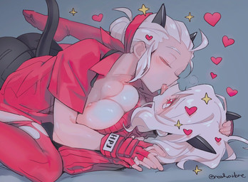 breast_squish breasts breasts_frottage clothed clothing duo eyes_closed female female/female fingerless_gloves gloves handwear heart_eyes heart_symbol horn humanoid_on_humanoid kissing nipples not_furry partially_clothed squish tongue tongue_out noaharbre helltaker justice_(helltaker) modeus_(helltaker) demon demon_humanoid humanoid hi_res
