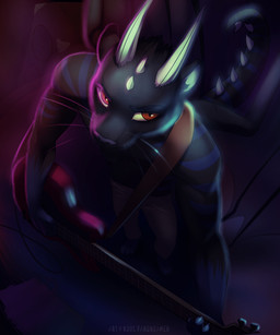 anthro black_body black_fur brown_eyes clothed clothing electric_guitar fur guitar high-angle_view horn male musical_instrument playing_guitar playing_music plucked_string_instrument solo standing string_instrument striped_body striped_fur stripes topless whiskers koul hybrid mammal 5:6