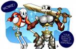 anterior_nasal_aperture armor blush bone duo humor melee_weapon not_furry scarf skeleton sparkles sword text weapon smudgeandfrank medievil_(game) undertale undertale_(series) papyrus_(undertale) sir_daniel_fortesque animated_skeleton undead english_text