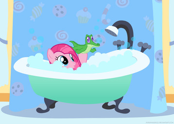bath blue_eyes bubble curtains duo female feral hair on_model quadruped size_difference straight_hair tail water mixermike622 friendship_is_magic hasbro my_little_pony gummy_(mlp) pinkamena_(mlp) pinkie_pie_(mlp) earth_pony equid equine horse mammal pony hi_res