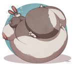 anthro belly big_belly big_breasts big_butt breasts bubble butt cheek_bulge female genitals huge_belly hyper hyper_belly immobile inflation looking_back lying nipples nude on_front pussy short_tail soda_inflation solo tail teaselbone disney zootopia judy_hopps lagomorph leporid mammal rabbit