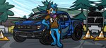 absurd_res amphibian anthro blue_body blue_fur blue_vehicle bottomless bottomless_male brown_clothing brown_shirt brown_topwear canid canine canis clothed clothing cones fin ford ford_f150 ford_raptor fur generation_3_pokemon head_tuft hi_res hybrid leaning_on_object light_truck male mammal motor_vehicle nintendo orange_body orange_eyes orange_gills orange_nose orange_scales pantsless persim_scarf pickup_truck pit_stop plant plateau pokemon pokemon_(species) quiflex race_track scales shirt smile smiling_at_viewer solo splatoon swampert swolfpert tail tail_fin tire topwear tree truck_(vehicle) tuft vehicle wheels wolf xevy
