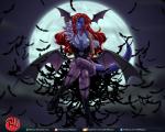 anthro big_breasts blue_body blue_skin breasts cleavage clothed clothing female hair logo membrane_(anatomy) membranous_wings moon red_hair solo text wings mykproject predaguy capcom darkstalkers morrigan_aensland vik_(predaguy) alien bat demon mammal artist_logo hi_res url