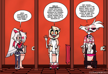 anthro bathroom clothed clothing dialogue feces female greeting group implied_scat looking_at_viewer male male/female panties panties_down partially_clothed pooping profanity public_restroom restroom_stall smile smiling_at_viewer speech_bubble text toilet_paper toilet_use trio underwear underwear_down loogerwoui hazbin_hotel hellaverse angel_dust charlie_morningstar vaggi_(hazbin_hotel) animal_humanoid arachnid arachnid_humanoid arthropod arthropod_humanoid demon humanoid insect lepidopteran moth spider spider_humanoid absurd_res english_text hi_res