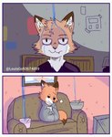 anthro bucket canid canine coffee_mug cold container depressing electronics fox fur furniture littlefox_24-7 male mammal mantle orange_body orange_fur painting_(artwork) raining sofa solo spanish_text television text traditional_media_(artwork) water